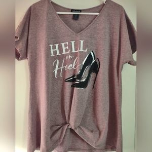 NWT V neck t shirt/blouse.It says hell on heels. Size LG purple and black